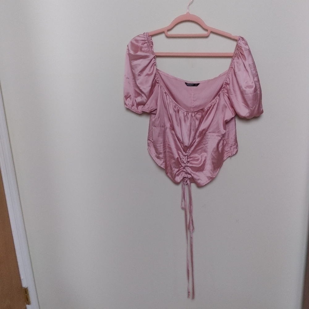 Shein Curve Pink Satin Puff Sleeve Lace Up Blouse 3XL